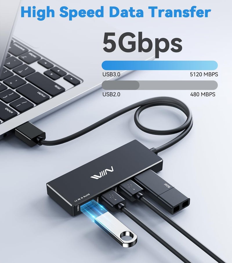 IVIIN محور USB 3.0، موزع USB 4 منافذ، محول محمول متعدد المنافذ لمركز البيانات للكمبيوتر المحمول، Xbox، محرك فلاش، HDD، وحدة التحكم، الكاميرا، لوحة المفاتيح، الفأرة لنظام Windows، Mac OS، الكمبيوتر الشخصي، غير مصمم لشحن الأجهزة - أسود - Image 3
